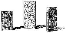 Three stone slabs standing on bare ground, dithered to one bit