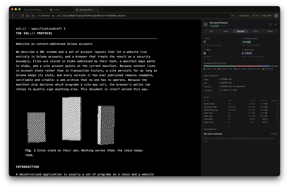 The sol:// Protocol paper in the Low power reading style, with the sidebar's Storage section