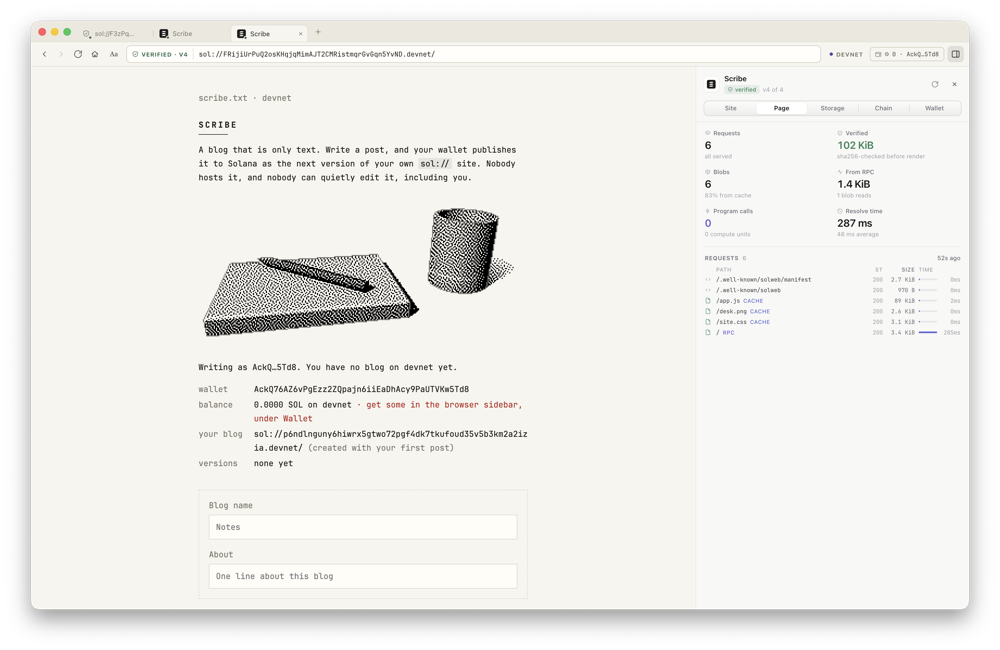 Scribe, a blog that publishes itself from the page, with the sidebar's Page section
